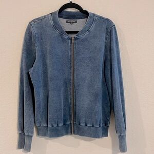 For Cynthia Women’s Bomber Jacket Large Blue Chambray Stretch Contemporary